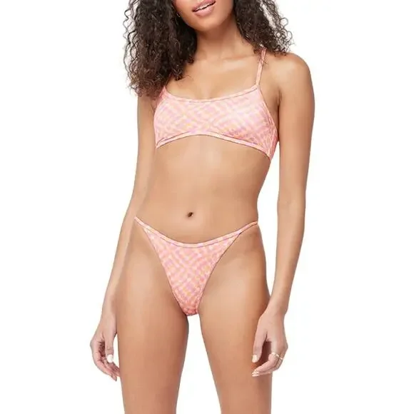 L*SPACE Pamela Top Tommy Bottom Bitsy Bikini Set Heat Waves Pink Abstract Lg NEW - Picture 3 of 8